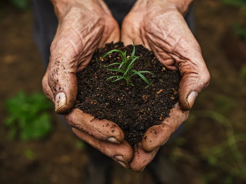 Mani esperte di giardiniere che sorreggono terra smossa e una piantina